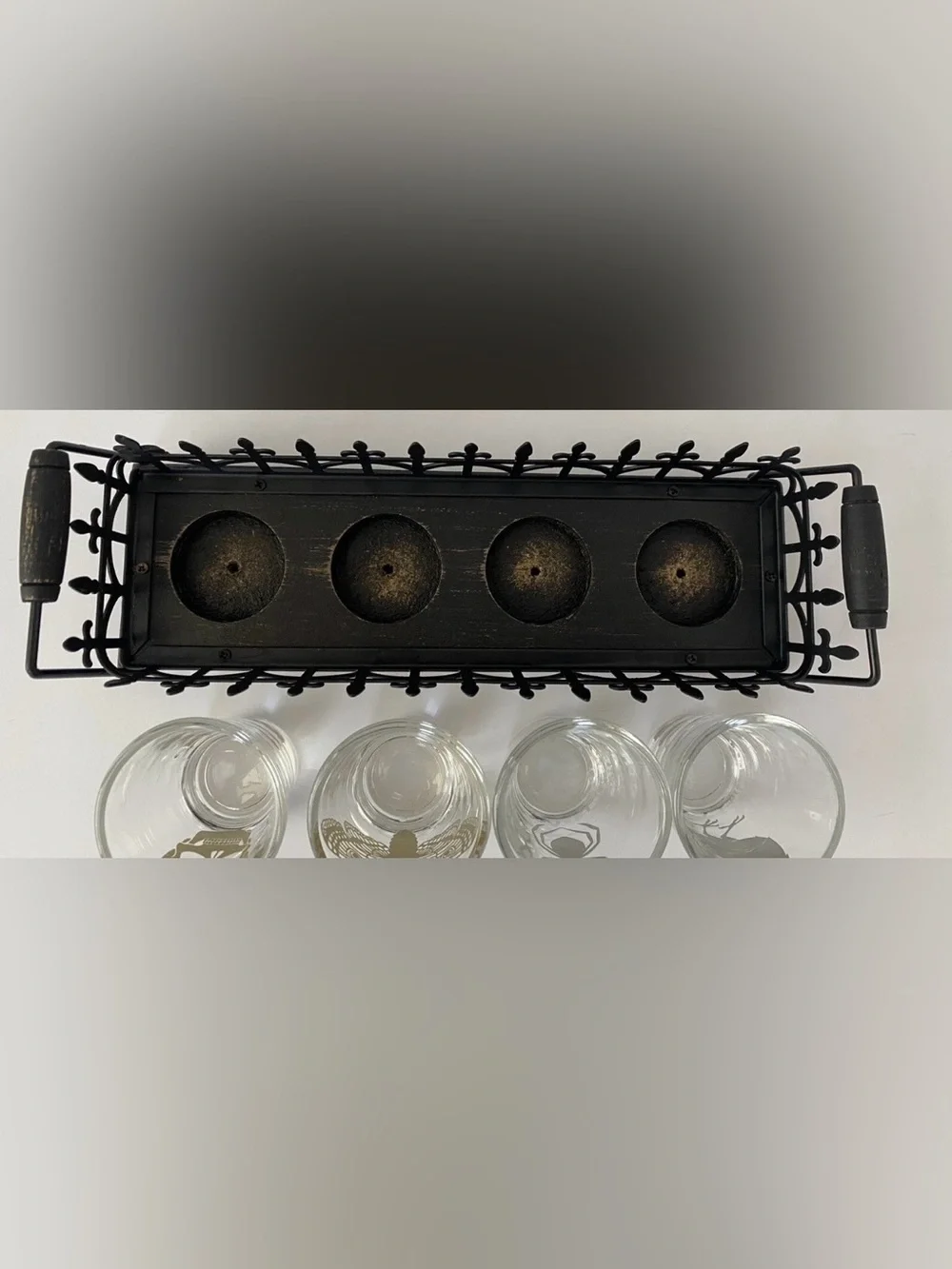 Halloween Theme Shot Glass Set With Holder Raven, Spider, Skull, Butterfly